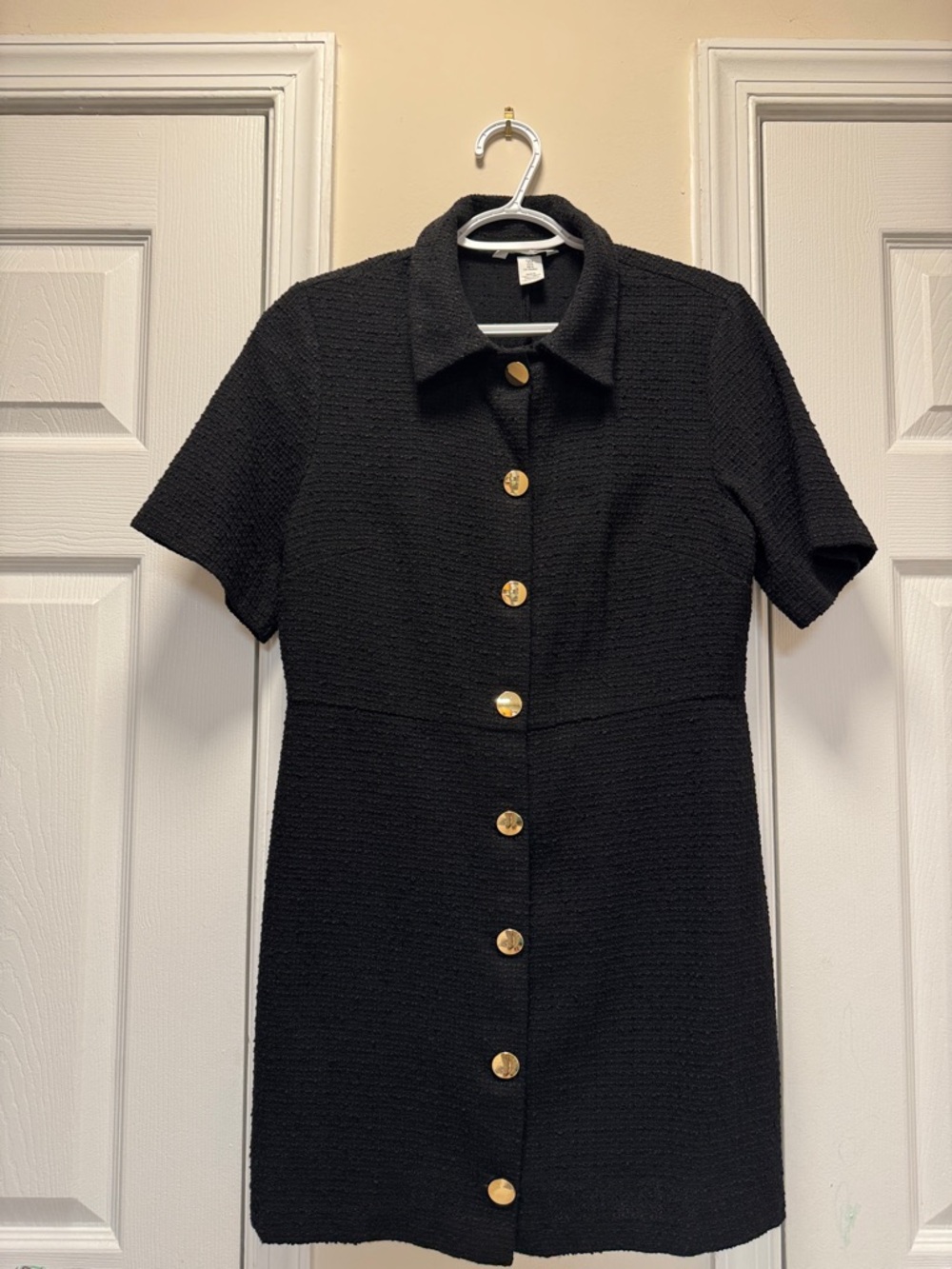 H&M Black Short-Sleeve Button Mini Dress with Gold Buttons